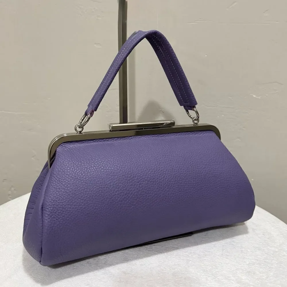 Purple Pebble Calfskin Leather Handmade Push Lock Baguette Bag, Multi Use Style